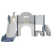 10-en-1 Toboggan pour enfants, Jouet d'escalade multifonction, Toboggan avec échelle d'escalade, Panier de basket, Jeu de golf, Jeu de lasso, Tableau de dessin, Rangement, Jumelles,172×165×95 cm, Bleu Antique(m-12)