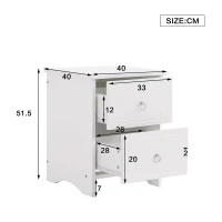Table de chevet avec 2 tiroirs, glissières silencieuses, bordure embossée, 40×40×51,5 cm, Blanc(m-3)
