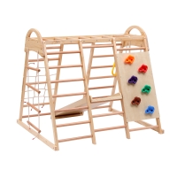 Struttura da arrampicata multifunzionale 7-in-1, altalena, scala da arrampicata, scivolo, rete, pietre da arrampicata, anelli, casetta tenda, 134×120×120 cm, Naturale