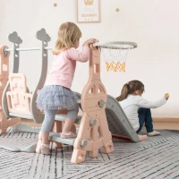 Toboggan 4-en-1 pour enfants avec balançoire, panier de basket et échelle de grimpe, toboggan de jardin pour intérieur et extérieur, ,140×118×102 cm, Rose(m-5)