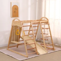 Struttura da arrampicata multifunzionale 7-in-1, altalena, scala da arrampicata, scivolo, rete, pietre da arrampicata, anelli, casetta tenda, 134×120×120 cm, Naturale(m-5)