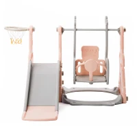 Toboggan 4-en-1 pour enfants avec balançoire, panier de basket et échelle de grimpe, toboggan de jardin pour intérieur et extérieur, ,140×118×102 cm, Rose(m-14)