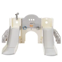 Toboggan multifonction 8-en-1 pour enfants, toboggan avec 2 glissières, échelle de grimpe, panier de basket, jeu de lasso, jumelles,200×165×95 cm, Gris blanc antique(m-10)