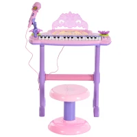 HOMCOM Piano Eléctrico Infantil 32 Teclas Piano Infantil com Microfone Banquinho Luzes Ritmos Sons MP3 Karaoke  Rosa(m-14)
