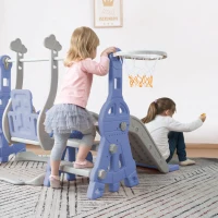 Toboggan 4-en-1 pour enfants avec balançoire, panier de basket, échelle de grimpe, toboggan de jardin pour intérieur et extérieur,140×118×102 cm, Bleu(m-6)