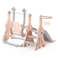 Toboggan 4-en-1 pour enfants avec balançoire, panier de basket et échelle de grimpe, toboggan de jardin pour intérieur et extérieur, ,140×118×102 cm, Rose(m-13)