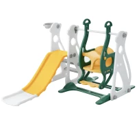 Toboggan pour enfants 4-en-1 avec balançoire, escalier et panier de basket, réglable en hauteur, 113×100×94,5 cm, Vert Antique(m-7)
