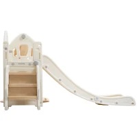 Scivolo per bambini 5-in-1 con altalena, arrampicata, canestro da basket e spazio di stoccaggio, 179×184×103 cm,Marrone+Bianco(m-12)