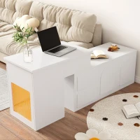 Multifunktionaler Seitenschrank mit 2 Schubladen, höhenverstellbarem Tisch mit 16-farbig einstellbarer Beleuchtung und Glasregalen, Weiß(m-6)