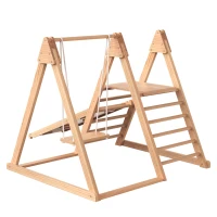 Parco giochi per bambini 3-in-1 in legno, scivolo, altalena e struttura da arrampicata, 123,5×113×114 cm, Naturale(m-6)