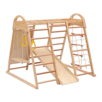 Cadre d'escalade multifonctionnel 7 en 1, échelle de corde, toboggan, filet, prises d'escalade, anneaux, maison-tente, 134×120×120 cm, Naturel(m-13)