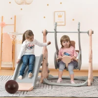 Toboggan 4-en-1 pour enfants avec balançoire, panier de basket et échelle de grimpe, toboggan de jardin pour intérieur et extérieur, ,140×118×102 cm, Rose(m-1)