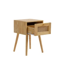 Comodino classico, con piano cassetto in rattan, per soggiorno e camera da letto, 38×38×58,5 cm, Naturale(m-7)
