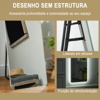 HOMCOM Espelho de Pé com Luz LED 40x150 cm sem Estrutura com Iluminação de 3 Cores Função de Memória e Tátil Transparente(m-7)