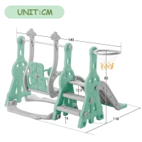 Toboggan 4-en-1 pour enfants avec balançoire, panier de basket et échelle de grimpe, toboggan de jardin pour intérieur et extérieur, 140×118×102 cm, Vert(m-4)