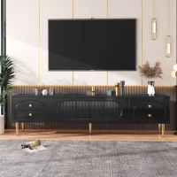 Meuble TV bas pour salon, avec tiroirs texturés et portes en verre, 175×35×45 cm, Noir(m-1)