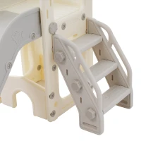 Toboggan multifonction 8-en-1 pour enfants, toboggan avec 2 glissières, échelle de grimpe, panier de basket, jeu de lasso, jumelles,200×165×95 cm, Gris blanc antique(m-9)