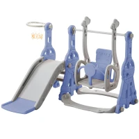 Toboggan 4-en-1 pour enfants avec balançoire, panier de basket, échelle de grimpe, toboggan de jardin pour intérieur et extérieur,140×118×102 cm, Bleu(m-2)