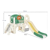 Toboggan combiné pour enfants avec longue glissière, boîte de rangement, tunnel, échelle et panier de basket, 152×186×110 cm, Vert Antique(m-3)