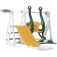 Toboggan pour enfants 4-en-1 avec balançoire, escalier et panier de basket, réglable en hauteur, 113×100×94,5 cm, Vert Antique(m-2)