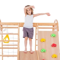 Cadre d'escalade multifonctionnel 7 en 1, balançoire, échelle de corde, toboggan, filet, pierres d'escalade, anneaux, maison de tente, 140×120×120 cm, Naturel(m-7)