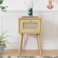 Nachttisch Rattan, Klassischer Nachttisch mit Rattan-Schublade, Goldgriff, 38x38x58cm, Natur(m-1)