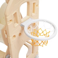 Toboggan 5-en-1 pour enfants avec balançoire, structure d'escalade, panier de basket et espace de rangement, 179×184×103 cm, Marron+Blanc(m-7)