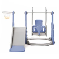 Toboggan 4-en-1 pour enfants avec balançoire, panier de basket, échelle de grimpe, toboggan de jardin pour intérieur et extérieur,140×118×102 cm, Bleu(m-13)