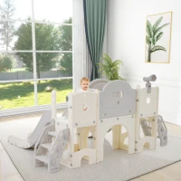 Toboggan multifonction 8-en-1 pour enfants, toboggan avec 2 glissières, échelle de grimpe, panier de basket, jeu de lasso, jumelles,200×165×95 cm, Gris blanc antique(m-4)