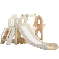 Scivolo per bambini 5-in-1 con altalena, arrampicata, canestro da basket e spazio di stoccaggio, 179×184×103 cm,Marrone+Bianco(m-2)
