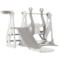 Scivolo per bambini 4-in-1 con altalena, scala e canestro da basket, regolabile in altezza, facile da montare, 113×100×94,5 cm,Bianco Antico+Grigio(m-2)