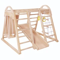 Cadre d'escalade multifonctionnel 7 en 1, balançoire, échelle de corde, toboggan, filet, pierres d'escalade, anneaux, maison de tente, 140×120×120 cm, Naturel(m-15)