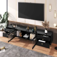 Mobile TV per soggiorno, con cassetti strutturati e ante in vetro, 175×35×45 cm, Nero(m-5)