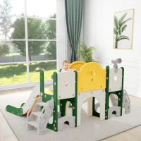 Toboggan pour enfants 8-en-1, jouet d'escalade multifonction avec 2 toboggans, échelle d'escalade, panier de basket, jeu de lasso, jumelles,  200×165×95 cm, Vert Antique(m-4)