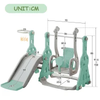 Toboggan 4-en-1 pour enfants avec balançoire, panier de basket et échelle de grimpe, toboggan de jardin pour intérieur et extérieur, 140×118×102 cm, Vert(m-3)