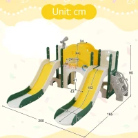 Toboggan pour enfants 8-en-1, jouet d'escalade multifonction avec 2 toboggans, échelle d'escalade, panier de basket, jeu de lasso, jumelles,  200×165×95 cm, Vert Antique(m-3)