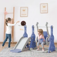 Toboggan 4-en-1 pour enfants avec balançoire, panier de basket, échelle de grimpe, toboggan de jardin pour intérieur et extérieur,140×118×102 cm, Bleu(m-5)