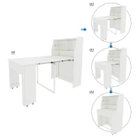 Ausziehbarer Esstisch mit Stauraum, Einweg-Ausziehtisch, Rechteckiger Multifunktionstisch, Esszimmer-Stauschrank, Coffee Lounge Tisch, Platzsparend, 52-132.5L×80B×120Hcm, Weiß(m-6)