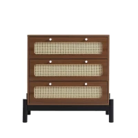 Klassische Kommode mit 3 Schubladen, Nachttisch, Rattan-Schubladenplatte, silberne Metallknöpfe, schwarze Beinrahmen, Kiefer, MDF, PVC-Rattan, 70×40×75 cm, Walnussfarbe(m-2)