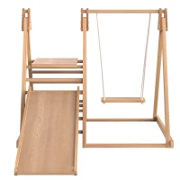 Aire de jeux pour enfants 3-en-1 en bois, toboggan, balançoire et structure d'escalade, 123,5×113×114 cm, Naturel(m-7)