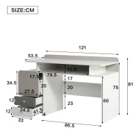 Bureau avec trois tiroirs et mezzanine, glisseurs silencieux, MDF, 121×53,5×81 cm, Blanc+gris(m-3)