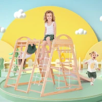 Cadre d'escalade multifonctionnel 7 en 1, balançoire, échelle de corde, toboggan, filet, pierres d'escalade, anneaux, maison de tente, 140×120×120 cm, Naturel(m-1)