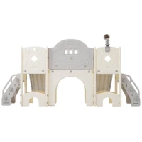 Toboggan multifonction 8-en-1 pour enfants, toboggan avec 2 glissières, échelle de grimpe, panier de basket, jeu de lasso, jumelles,200×165×95 cm, Gris blanc antique(m-12)