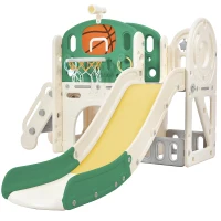 Toboggan combiné pour enfants avec longue glissière, boîte de rangement, tunnel, échelle et panier de basket, 152×186×110 cm, Vert Antique(m-13)