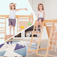 Cadre d'escalade multifonctionnel 7 en 1, balançoire, échelle de corde, toboggan, filet, pierres d'escalade, anneaux, maison de tente, 140×120×120 cm, Naturel(m-6)