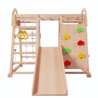 Cadre d'escalade multifonctionnel 7 en 1, balançoire, échelle de corde, toboggan, filet, pierres d'escalade, anneaux, maison de tente, 140×120×120 cm, Naturel(m-14)