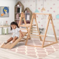 Aire de jeux pour enfants 3-en-1 en bois, toboggan, balançoire et structure d'escalade, 123,5×113×114 cm, Naturel(m-1)
