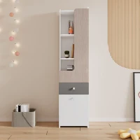 Hohes Bücherregal für Teenager, mit L-förmiger Tür, Schublade und reichlich Stauraum, 45×40×184 cm, Weiß(m-1)