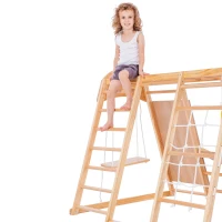 Cadre d'escalade multifonctionnel 7 en 1, balançoire, échelle de corde, toboggan, filet, pierres d'escalade, anneaux, maison de tente, 140×120×120 cm, Naturel(m-10)