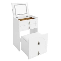 Schminktisch mit LED-Beleuchtung, 3 Schubladen und Spiegel, Multifunktionaler Aufbewahrungshocker, 50×40×115.6 cm, Weiß(m-11)